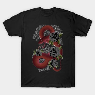 Red Snake and Black Flowers T-Shirt